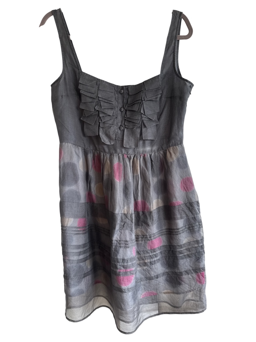 Max&Co Sleeveless Gray Ruffle Polka Dot Dress 100 % silk
